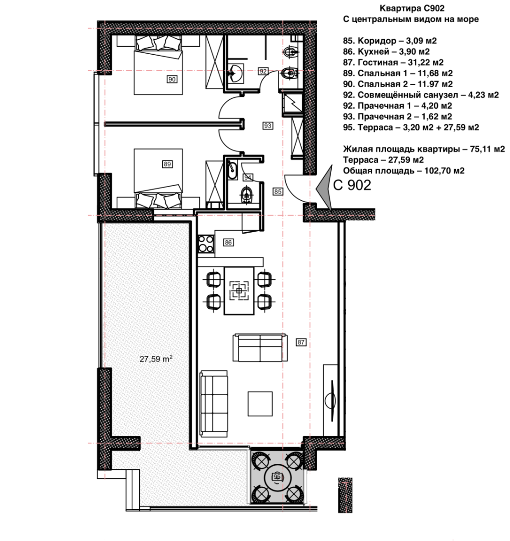 Квартира в Будве, Черногория, 102 м² - фото 6