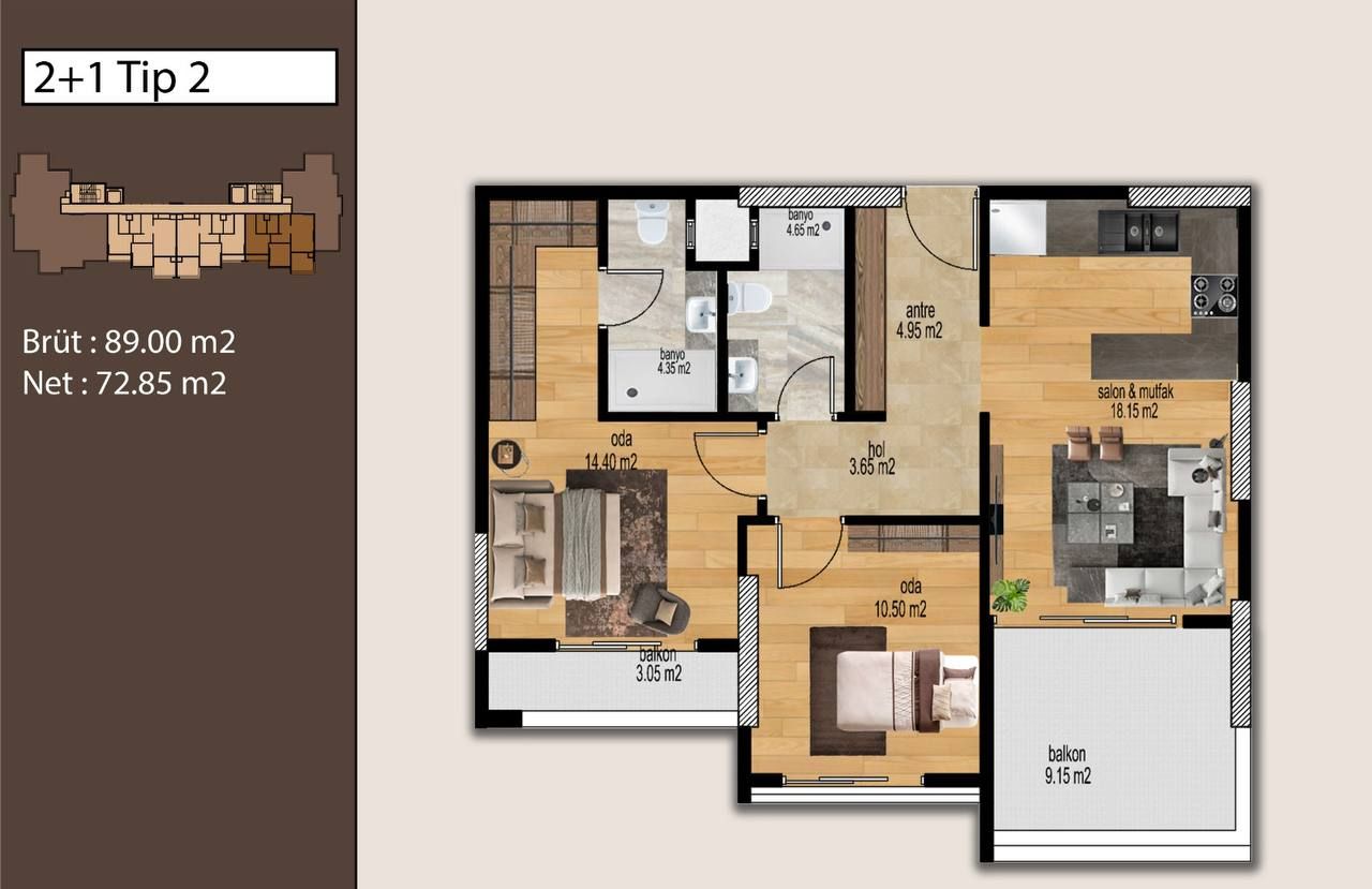 Апартаменты в Мерсине, Турция, 89 м² - фото 17