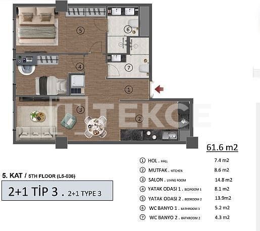 Апартаменты в Бейликдюзю, Турция, 61 м² - фото 11