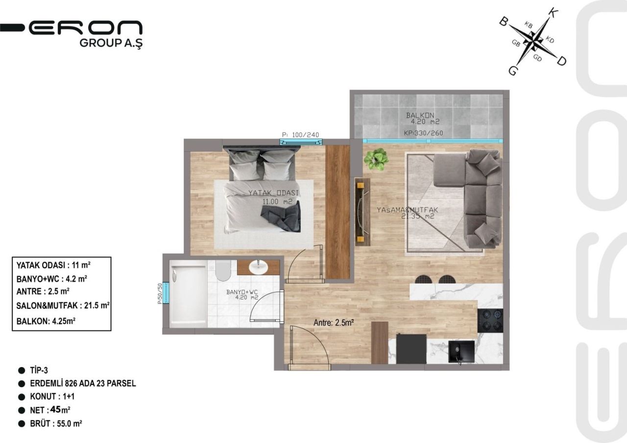 Квартира в Мерсине, Турция, 65 м² - фото 1