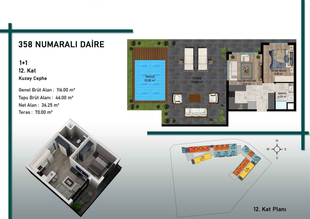 Квартира Алтынташ, Турция, 42 м² - фото 12