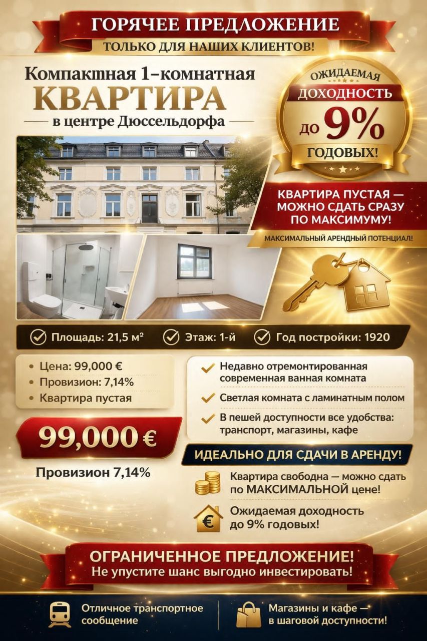 Квартира в Дюссельдорфе, Германия, 21.5 м² - фото 1