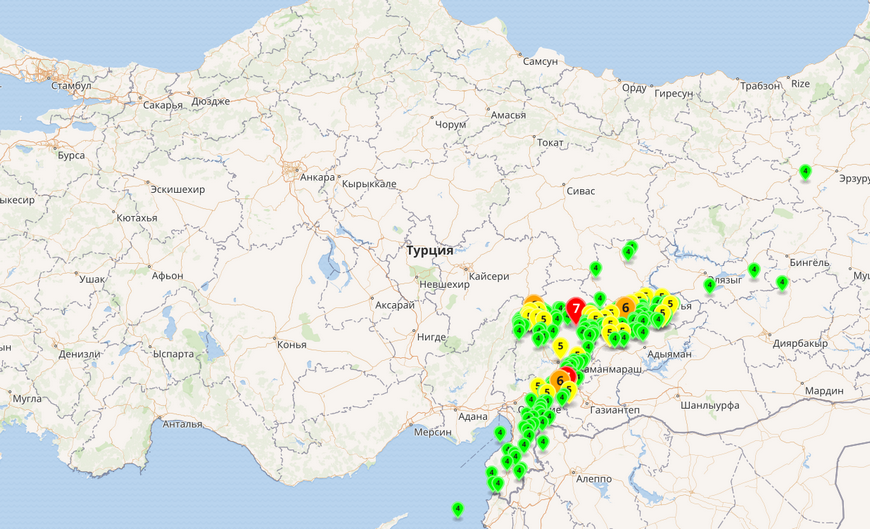 Землетрясение в Турции на карте